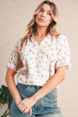 Khaki Eyelet Notch V Neck Puff Sleeve Floral Blouse