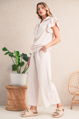 Apricot Textured Ruffle Sleeve Zipped Top and Wide Leg Pants Set
