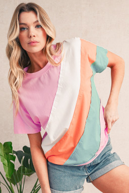 Pink Color Block Patchwork Seamed Crewneck T Shirt