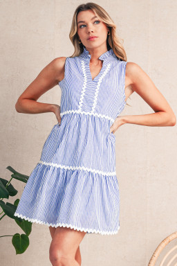Blue Stripe Sleeveless Notched V Neck Contrast Ric Rac Mini Dress