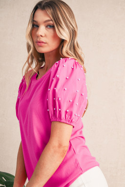Bright Pink Pearl Beaded Puff Sleeve Ribbed Top