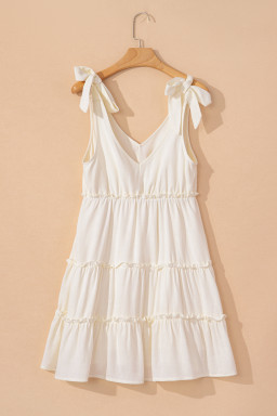 Oatmeal Solid Color Tie Strap Ruffle Tiered Mini Dress