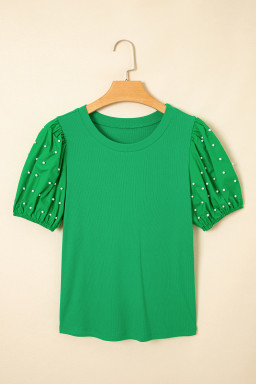 Bright Green Pearl Beaded Puff Sleeve Ribbed Top