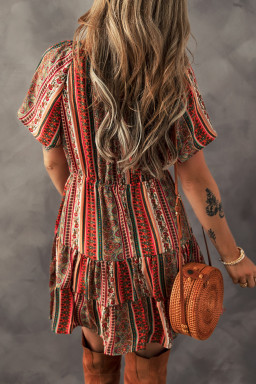 Red Bohemian Floral Print Buttoned V Neck Ruffle Tiered Dress