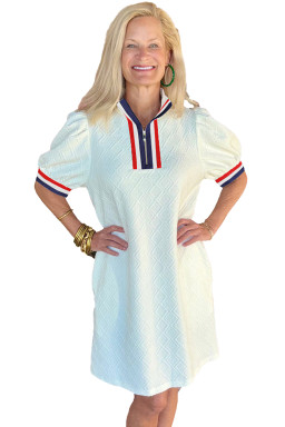 White Pop of Color Neckline Plaid Textured Puff Sleeve Mini Dress
