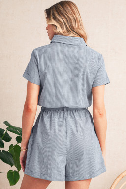 Blue Stripe Chest Pockets Buttoned Belted High Waist Romper