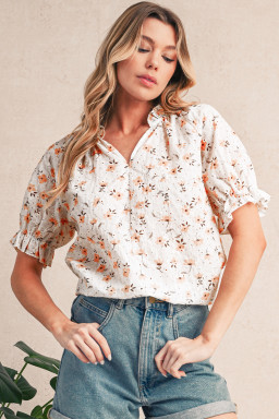 Khaki Eyelet Notch V Neck Puff Sleeve Floral Blouse