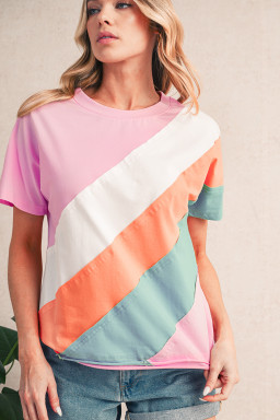 Pink Color Block Patchwork Seamed Crewneck T Shirt