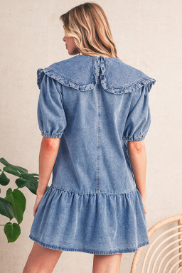 Dusk Blue Ruffle Collar Side Pockets Puff Sleeve Denim Mini Dress
