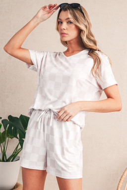 Beige Checkered V Neck Tee and Drawstring Shorts Pajama Set