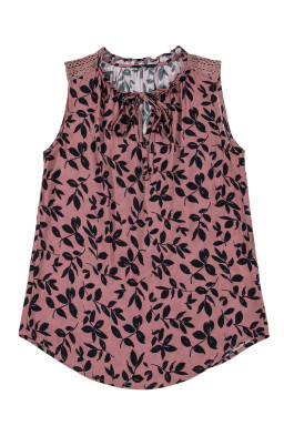Brown Floral Print Tie Neck Sleeveless Top