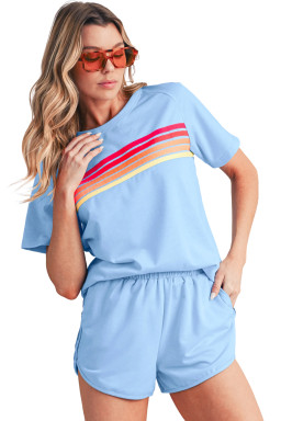 Beau Blue Colorful Striped Casual Tee