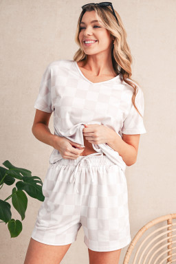 Beige Checkered V Neck Tee and Drawstring Shorts Pajama Set