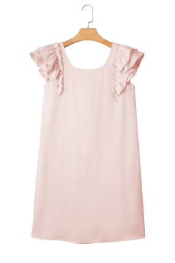 Light Pink Textured Flutter Sleeve Square Neck Bow Back Mini Dress