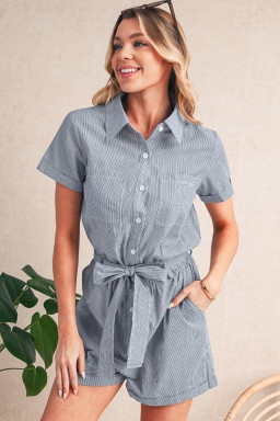 Blue Stripe Chest Pockets Buttoned Belted High Waist Romper