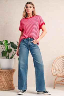 Pink Stripe Knitted Round Neck T Shirt