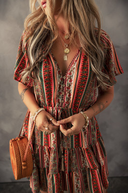 Red Bohemian Floral Print Buttoned V Neck Ruffle Tiered Dress