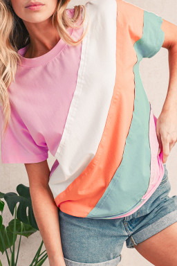 Pink Color Block Patchwork Seamed Crewneck T Shirt