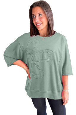 Clearly Aqua Solid Color Floral Patched Half Sleeve Tunic Top