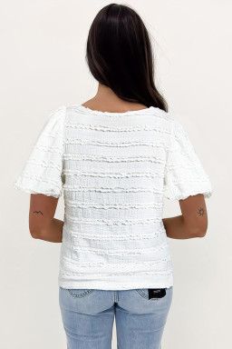White Frilled Trim Bubble Sleeve Blouse