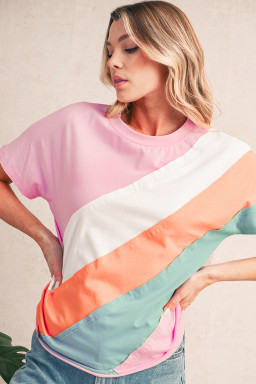 Pink Color Block Patchwork Seamed Crewneck T Shirt