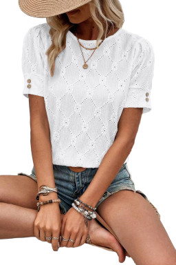 White Embroidered Floral Geometric Button Short Sleeve Top