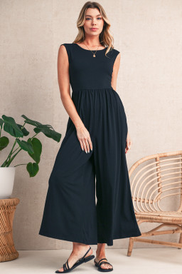 Black Solid Color Open Back Sleeveless Wide Leg Jumpsuit