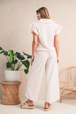 Apricot Textured Ruffle Sleeve Zipped Top and Wide Leg Pants Set