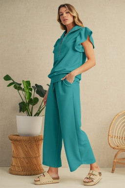 Lapis Textured Ruffle Sleeve Zipped Top and Wide Leg Pants Set