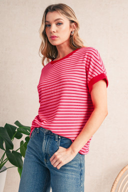 Pink Stripe Knitted Round Neck T Shirt