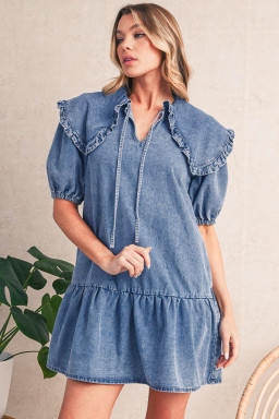 Dusk Blue Ruffle Collar Side Pockets Puff Sleeve Denim Mini Dress