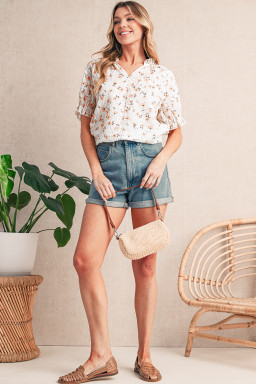 Khaki Eyelet Notch V Neck Puff Sleeve Floral Blouse