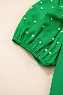 Bright Green Pearl Beaded Puff Sleeve Ribbed Top