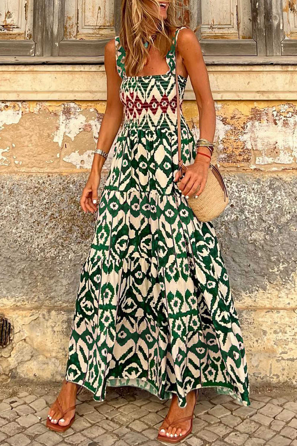 Green Boho Shirred A line Sleeveless Maxi Dress