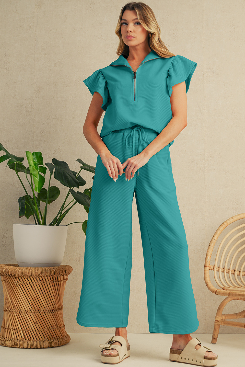 Lapis Textured Ruffle Sleeve Zipped Top and Wide Leg Pants Set