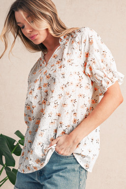 Khaki Eyelet Notch V Neck Puff Sleeve Floral Blouse