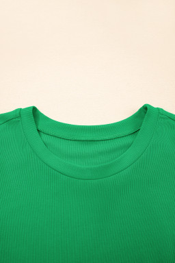 Bright Green Pearl Beaded Puff Sleeve Ribbed Top