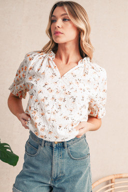 Khaki Eyelet Notch V Neck Puff Sleeve Floral Blouse