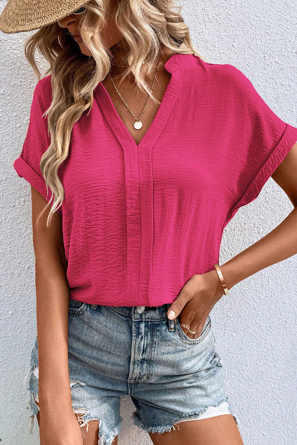 Rose Red Notched Neck Batwing Sleeve Blouse