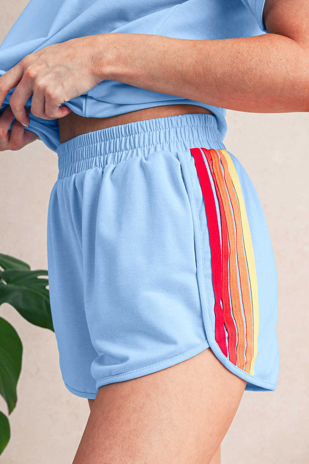 Beau Blue Color Block Striped Elastic High Waist Active Shorts
