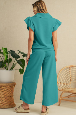 Lapis Textured Ruffle Sleeve Zipped Top and Wide Leg Pants Set