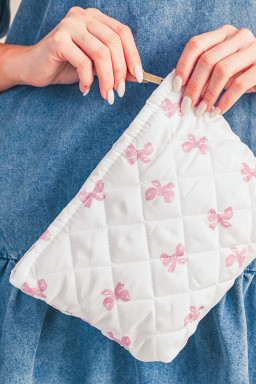 White Bow Knot Print Zipper Quilted Large Cosmetic Bag
