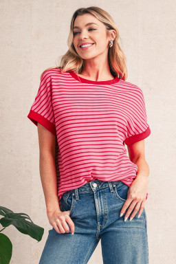 Pink Stripe Knitted Round Neck T Shirt