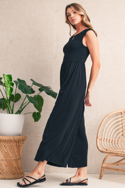 Black Solid Color Open Back Sleeveless Wide Leg Jumpsuit