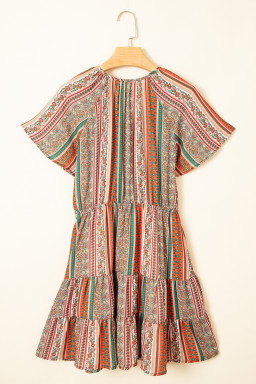 Red Bohemian Floral Print Buttoned V Neck Ruffle Tiered Dress