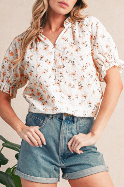 Khaki Eyelet Notch V Neck Puff Sleeve Floral Blouse