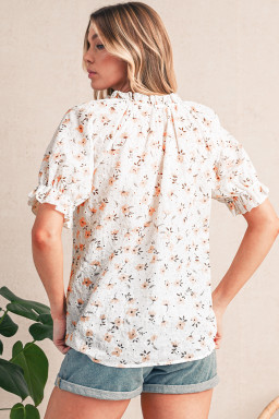 Khaki Eyelet Notch V Neck Puff Sleeve Floral Blouse