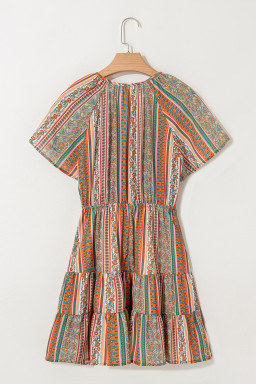 Red Bohemian Floral Print Buttoned V Neck Ruffle Tiered Dress