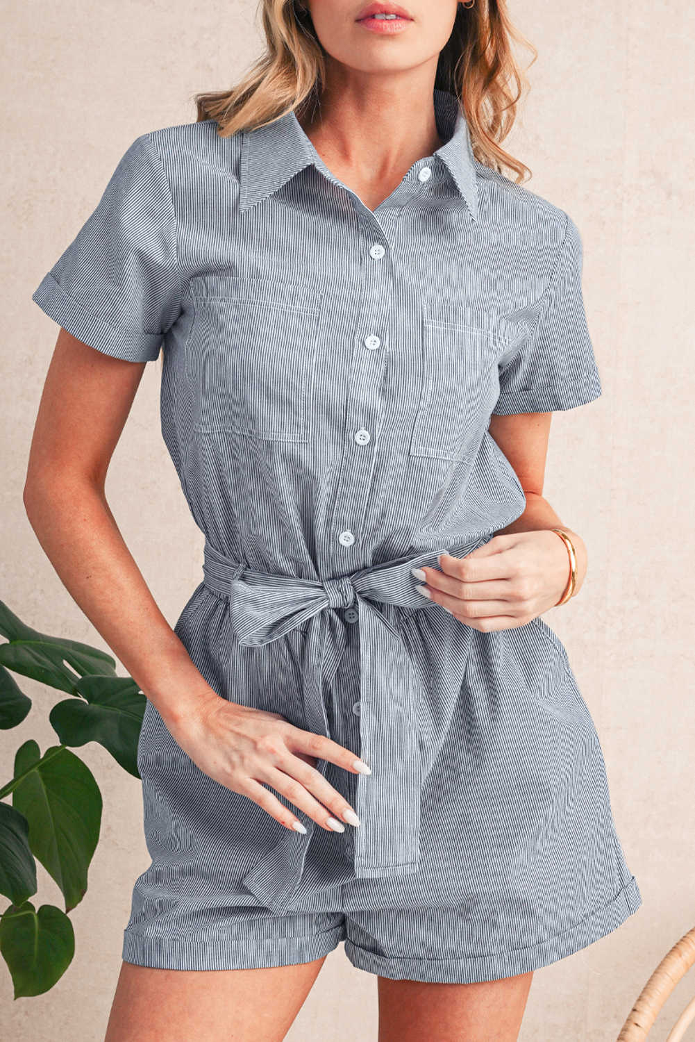 Blue Stripe Chest Pockets Buttoned Belted High Waist Romper