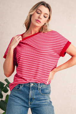 Pink Stripe Knitted Round Neck T Shirt